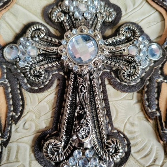 Cross and Wings jewel embellished crossbody messenger bag brown tan faux leather - Picture 6 of 14